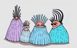 illustration of 4 anthropomorphized barnacles