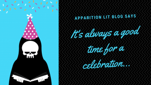 Apparition Lit ghostie with party hat on. Image says Its always a good time for a celebration. 