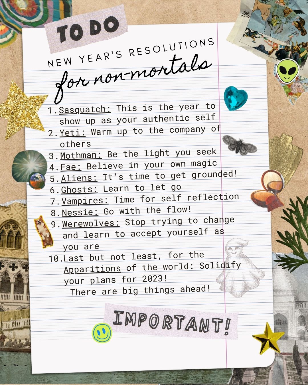 A notebook page that lists different types of cryptids and their new year's resolutions
